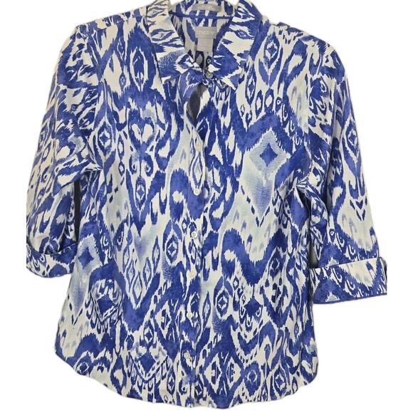 Chicos Blue White Boho Button No Iron Stretch Top Size 0 (4/6) Coastal Batik - Picture 1 of 6
